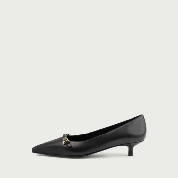 Pantofi negri cu toc mic și accesoriu Ariana din piele naturalǎ