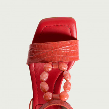 Sandale cu toc gros Selena din piele naturală roșie cu accesoriu