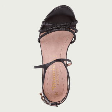 Sandale damă cu toc subțire negre elegante accesorizate de ocazie