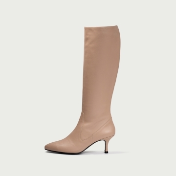 Cizme lungi cu toc subțire nude rose Charlotte din piele naturală