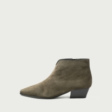 Cizme scurte khaki cu toc gros Rania din piele întoarsă naturală