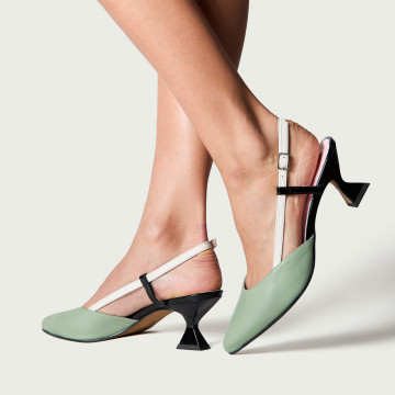 Pantofi decupați cu toc mic Léa din piele naturală verde fistic și baretă albă