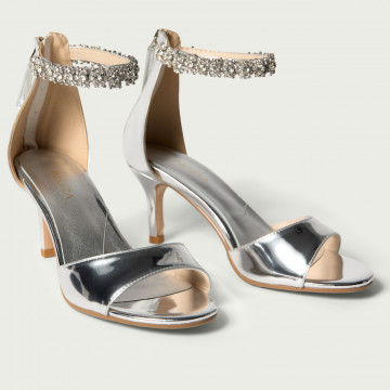 Sandale cu toc mic Gwen din piele naturală argintie cu cristale