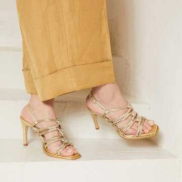 Sandale cu toc subțire aurii Grace din piele naturală împletită