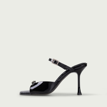 Sandale elegante cu toc subțire negre Valentina din piele naturalǎ lac