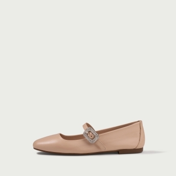 Balerini bej Annabelle cu baretă și accesoriu cu cristale argintii din piele naturală