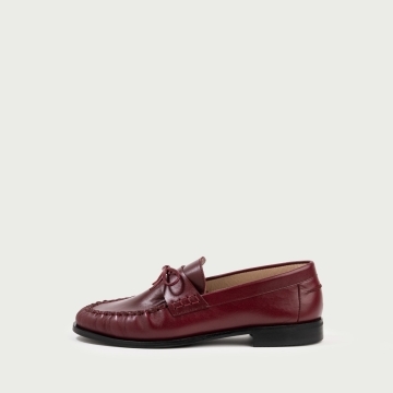 Mocasini burgundy cu fundiță Esthera din piele naturală