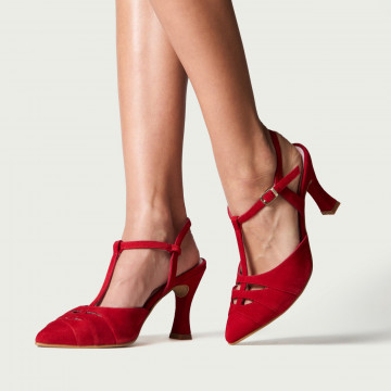 Pantofi cu toc decupați Lara roșii din piele naturală întoarsă