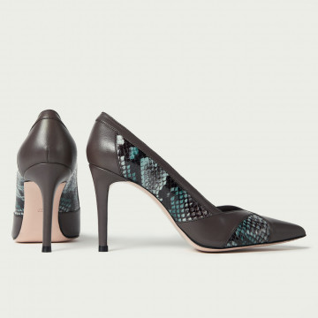 Pantofi stiletto Giuliana maro din piele naturală cu snake print albastru și toc înalt