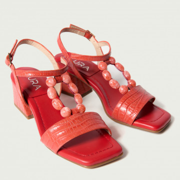 Sandale cu toc gros Selena din piele naturală roșie cu accesoriu
