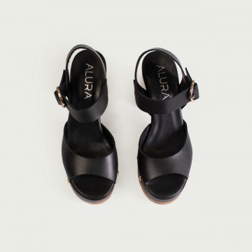Sandale cu toc gros și platformă negre Timeea din piele naturală