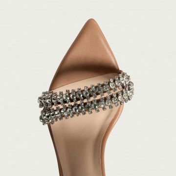 Sandale elegante cu toc subțire Simone bej din piele naturală cu cristale