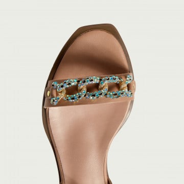 Sandale elegante fără toc Daisy din piele naturală bej cu cristale multicolore