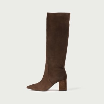 Cizme lungi cu toc gros Aisha din piele întoarsă naturală maro ciocolatiu