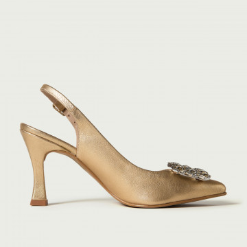 Pantofi cu toc decupați Selma din piele naturală gold cu accesoriu