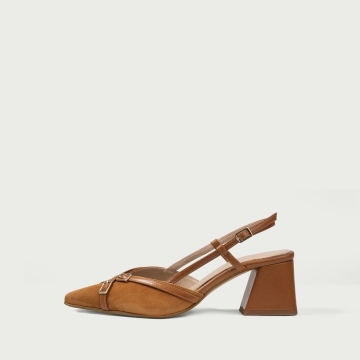 Pantofi cu toc gros decupați camel Isobel din piele naturală