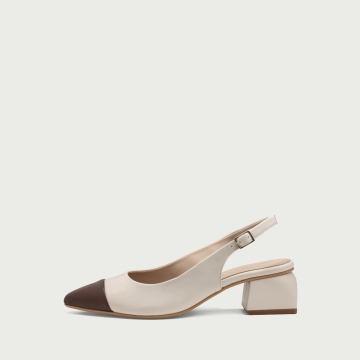 Pantofi cu toc gros decupați ivoire cu vârf ascuțit Sonia din piele naturală