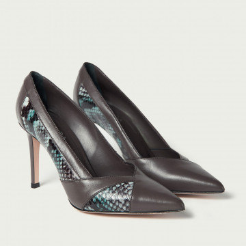 Pantofi stiletto Giuliana maro din piele naturală cu snake print albastru și toc înalt