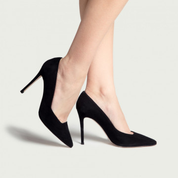 Pantofi stiletto Julia Velvet negri din piele întoarsă cu toc înalt subțire