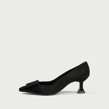 Pantofi stiletto negri cu accesoriu geometric Alana din piele întoarsă naturală