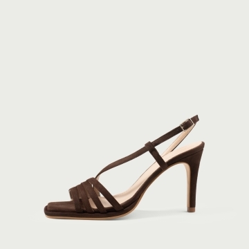 Sandale ciocolatii cu toc subțire Ella din piele întoarsă naturală