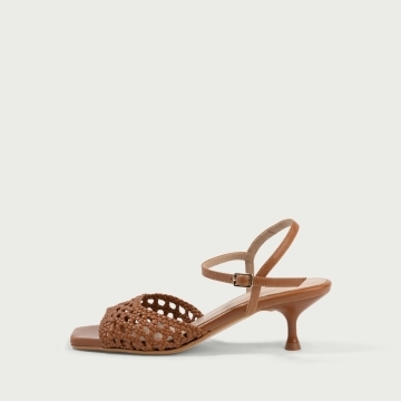 Sandale cu toc subțire camel Yolanda din piele naturalǎ