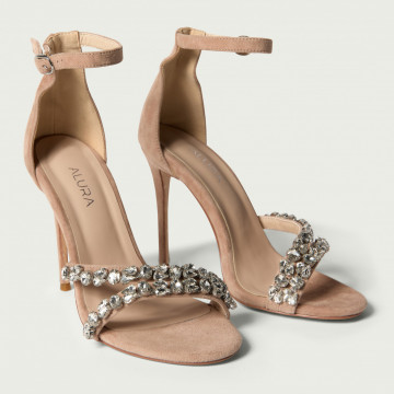 Sandale elegante cu toc subțire Elyse bej din piele întoarsă cu cristale albe