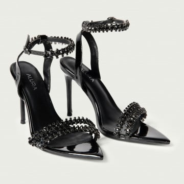 Sandale elegante cu toc subțire Simone din piele naturală cu cristale negre