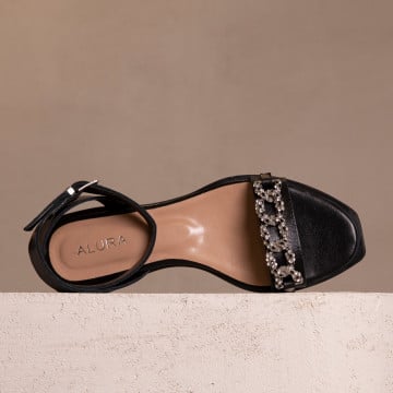 Sandale elegante fără toc negre Daisy din piele naturală cu accesoriu cu cristale