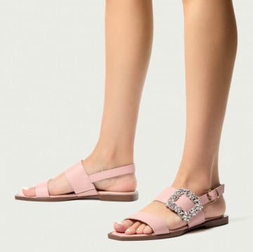 Sandale fără toc elegante Claire din piele naturală roz cu accesoriu delicat