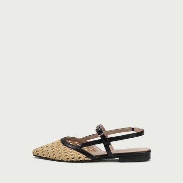 Balerini decupați negri cu vârf ascuțit Anka din piele naturală și rafie