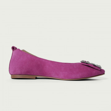 Balerini Josephine fucsia din piele întoarsă naturală și accesoriu din cristale