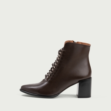 Botine cu șiret și toc gros Danielle din piele naturală maro ciocolatiu