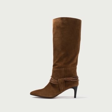 Cizme lungi cu toc subțire Alessandra din piele întoarsă naturală camel