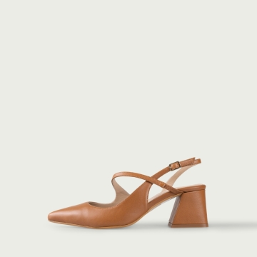Pantofi cu toc gros decupați camel Irene din piele naturală