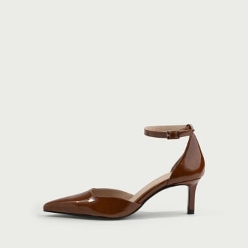 Pantofi cu toc subțire și baretǎ pe picior maro coniac Ina din piele naturală