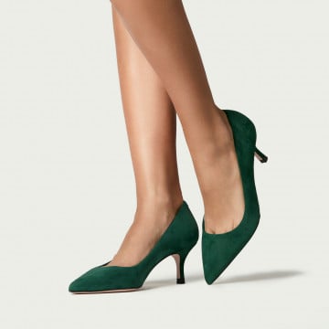 Pantofi Julie verde închis din piele întoarsă naturală cu toc mic