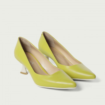 Pantofi stiletto cu toc mic galben-verzui Yvonne din piele naturală