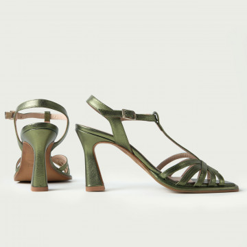 Sandale cu toc subțire Frida din piele naturală verde metalizat