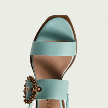 Sandale elegante fără toc Anastasia din piele naturală albastră cu cristale