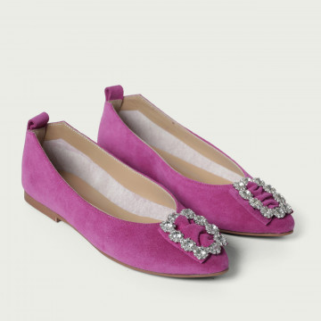 Balerini Josephine fucsia din piele întoarsă naturală și accesoriu din cristale