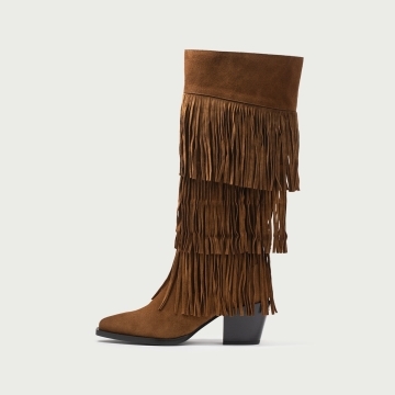 Cizme lungi cu franjuri și toc gros Dakota din piele întoarsă naturală camel