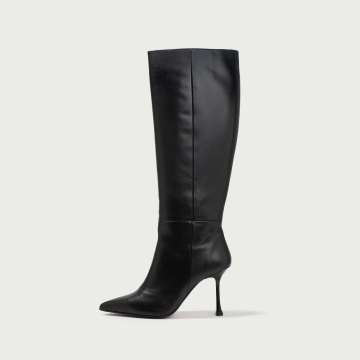 Cizme lungi stiletto negre cu toc subțire înalt Aymee din piele naturală