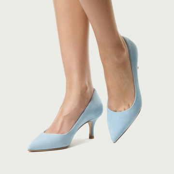 Pantofi Julie Velvet albastru pudră din piele întoarsă cu toc mic subțire