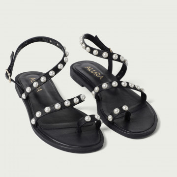 Sandale negre fără toc Lucienne din piele naturală cu perle aplicate
