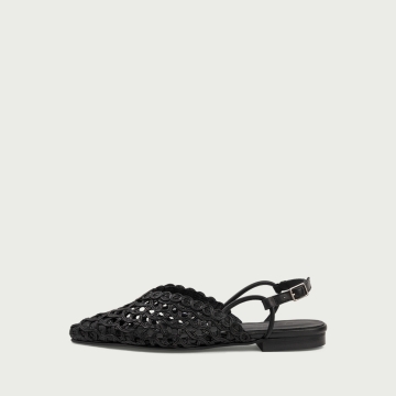 Balerini decupați negri Magda cu vârf ascuțit din piele naturală împletită