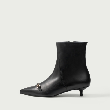 Botine negre cu toc mic și accesoriu Marlenna din piele naturalǎ