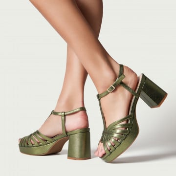 Sandale cu toc gros și platformă Lourdes din piele naturală verde metalizat