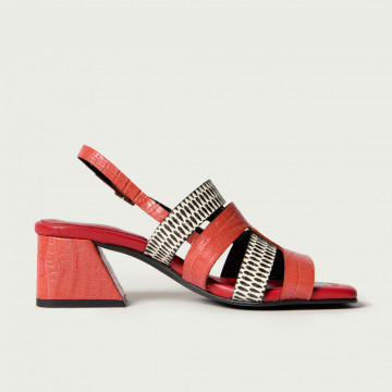 Sandale cu toc gros Thalia din piele naturală roșu cu pattern alb-negru