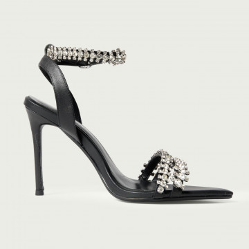Sandale elegante cu toc subțire Simone negre din piele naturală cu cristale